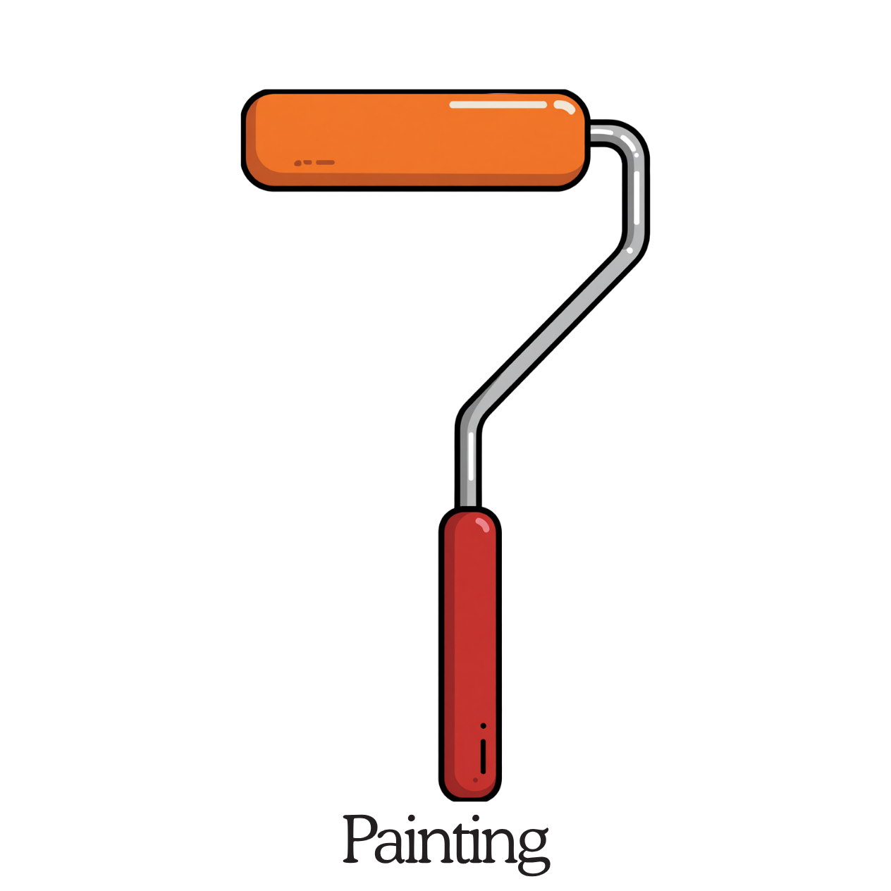 An illustration of a paint roller with an orange roller cover and a red handle on a black background.