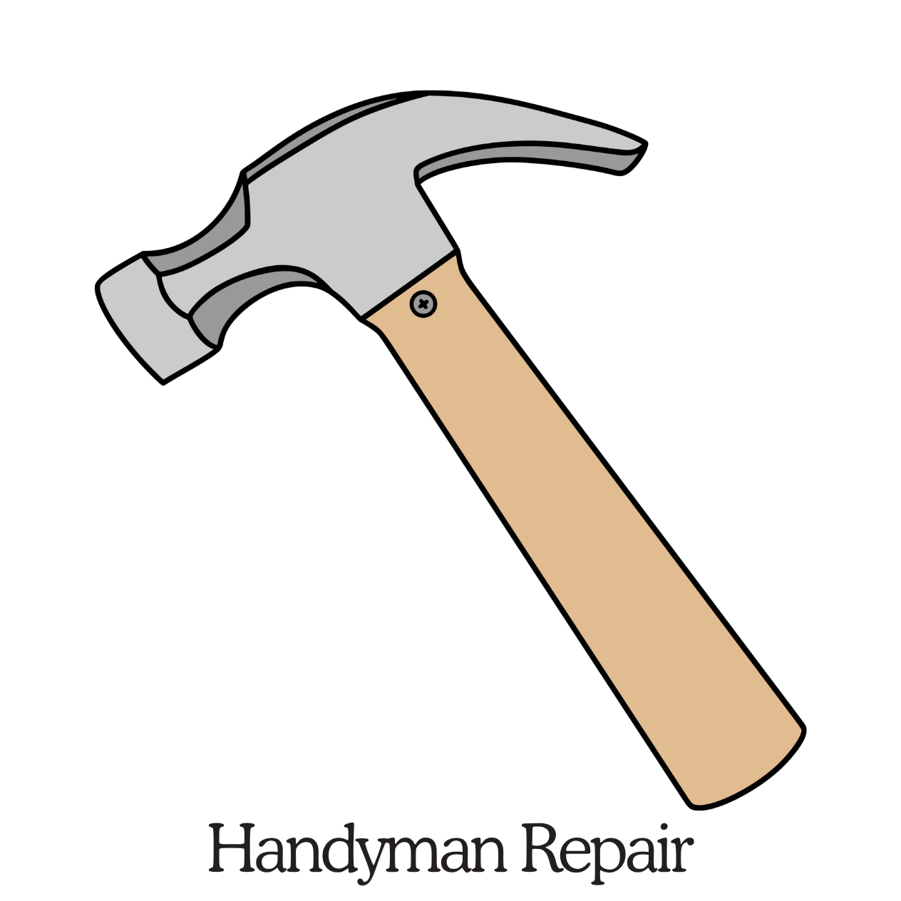 Illustration of a hammer with a wooden handle and metal head, labeled as handyman repair.