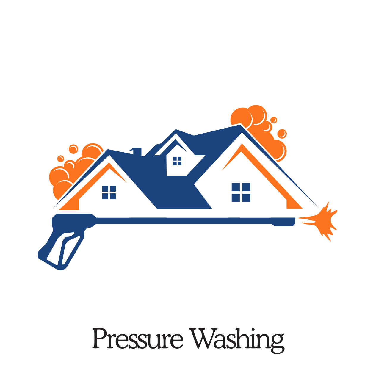 A graphic illustrating pressure washing a house, depicted as a house with clouds of steam or dirt and a spray gun emitting a jet of water, with the words 'Pressure Washing' underneath.