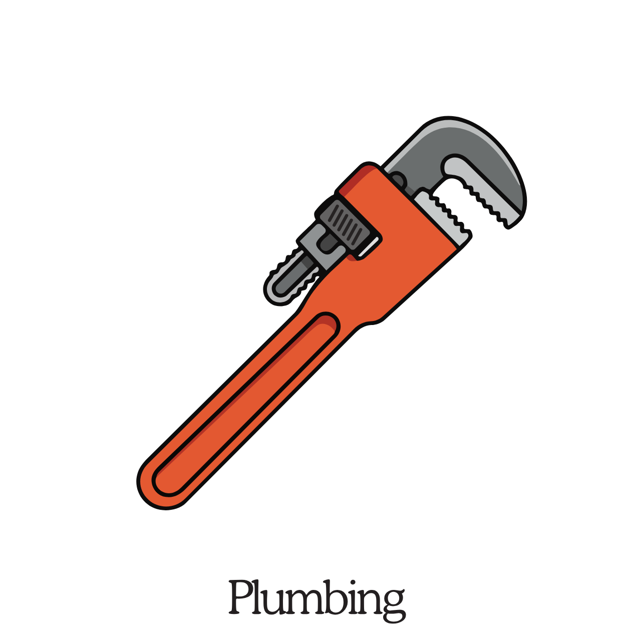 An illustration of a pipe wrench with an orange handle and metal head, labeled with the word 'Plumbing'.