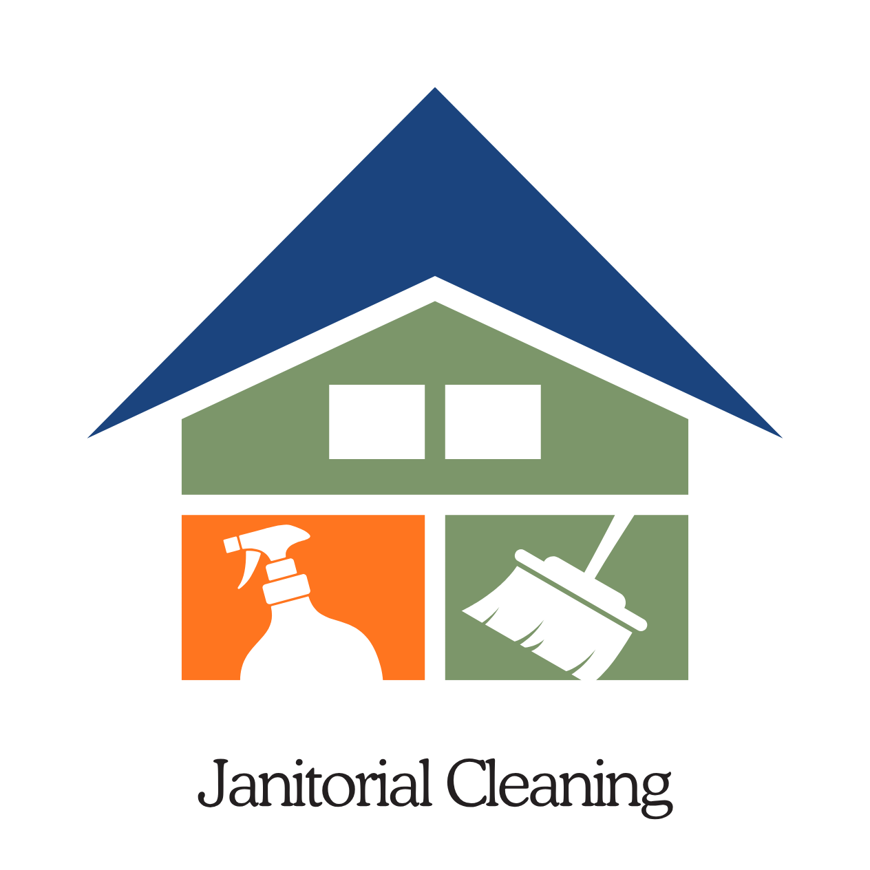 Logo of a house with cleaning supplies and icons, including a spray bottle, broom, and mop, with the text "Janitorial Cleaning" underneath.