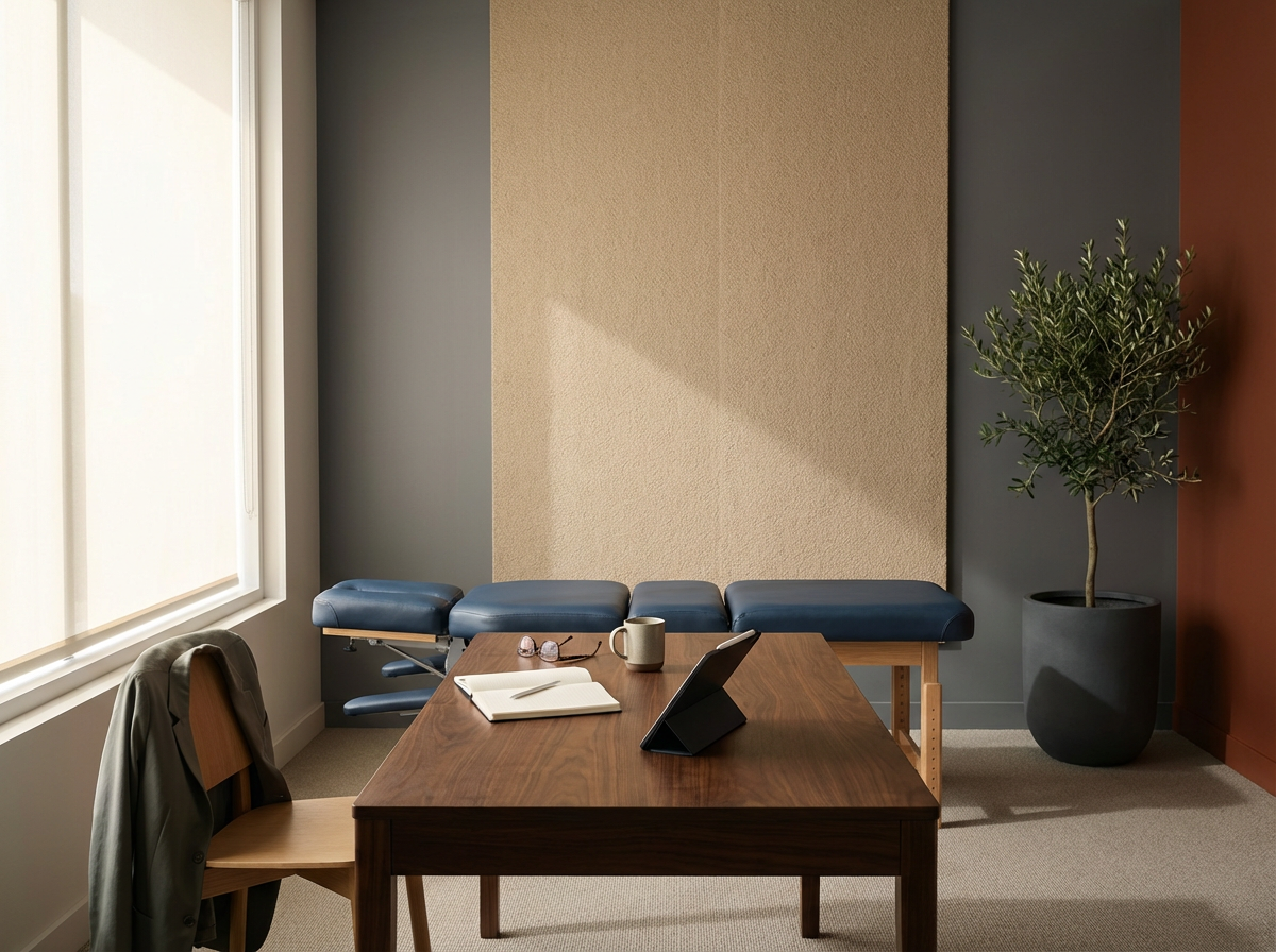 An office with a wooden desk, a chair with a jacket hanging on it, a notebook, glasses, a mug, and a tablet. There is a window on the left, a blue padded bench along the wall, and a potted plant in the corner.