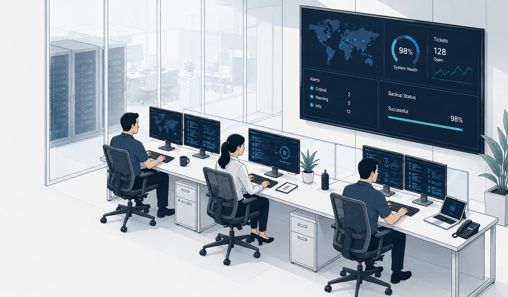 Technology professionals collaborating in a managed services operations center with monitoring dashboards in the background.