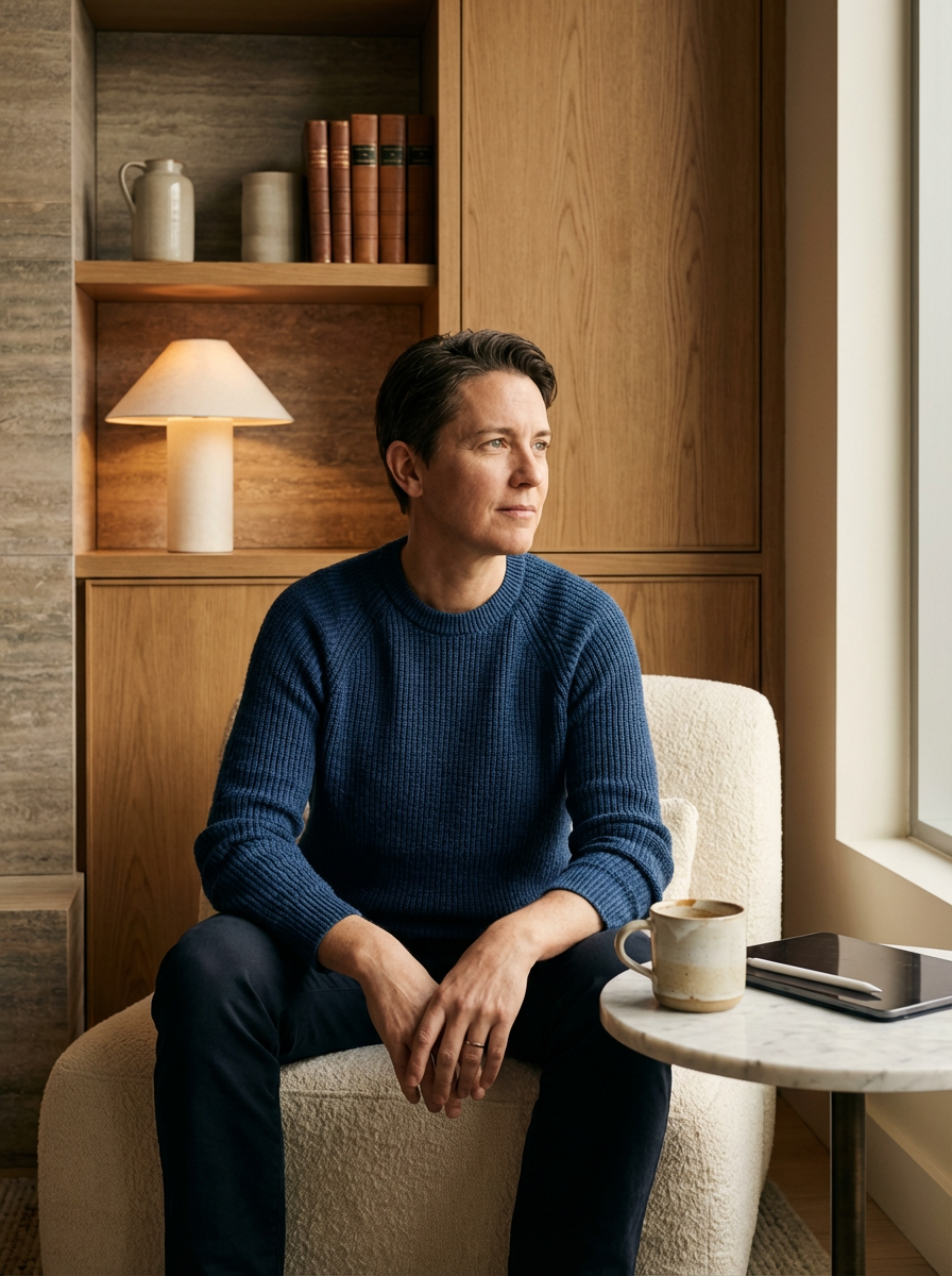 A person with short dark hair wearing a blue sweater sitting on a cream armchair beside a window, holding a cup and looking out pensively. A small round marble table with a tablet and a ceramic mug is in front. Shelves with books, vases, and a lamp are in the background.