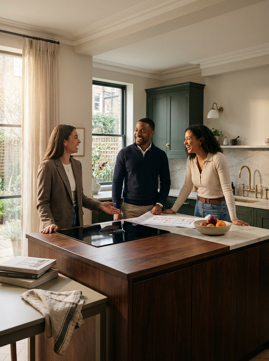 Three people standing in a kitchen, engaging in conversation and smiling, with a large window, green cabinets, a marble countertop, and a bowl of apples.