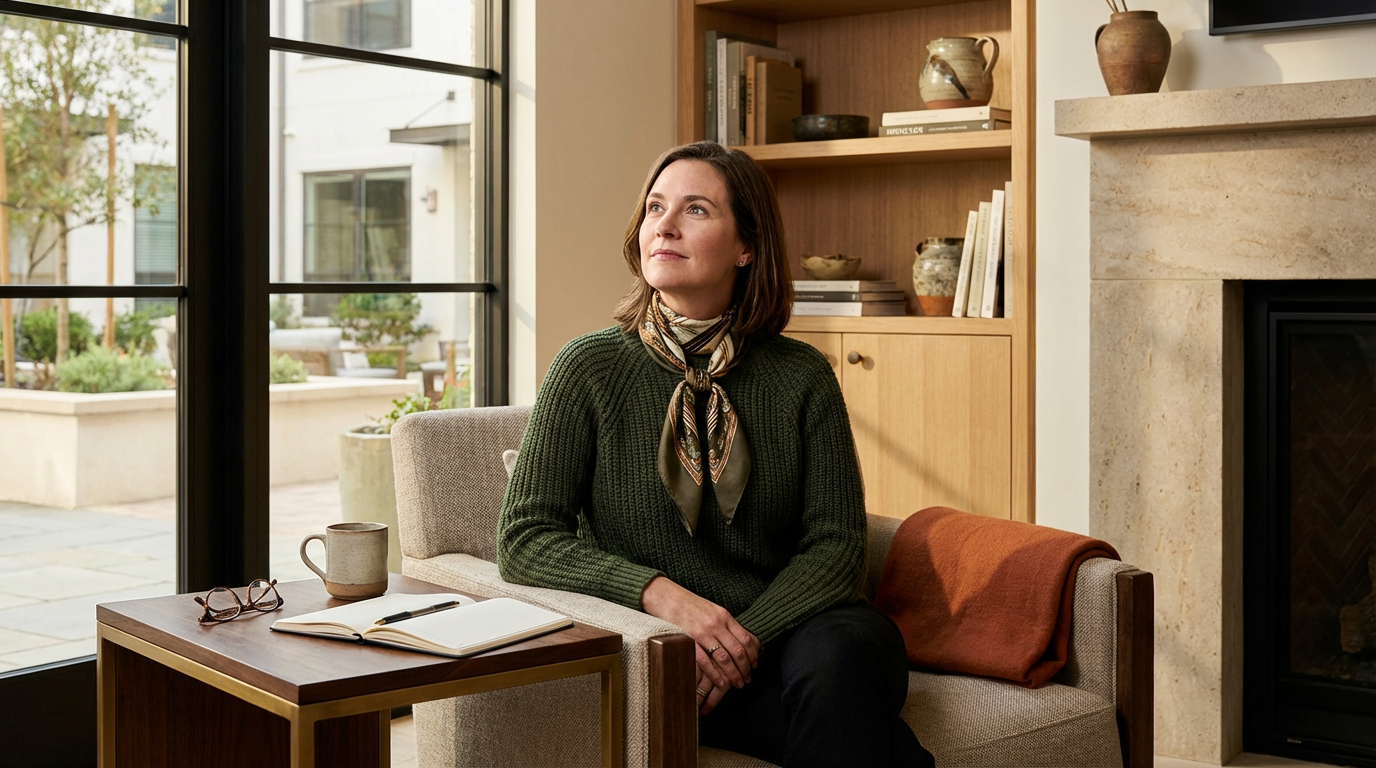 A woman sitting on a sofa in a cozy, well-lit living room, looking out the window. She has brown hair, wears a green sweater and a patterned scarf. There is a coffee mug, glasses, and an open notebook on a small table beside her. The room features a fireplace and wooden bookshelf with decorative items.