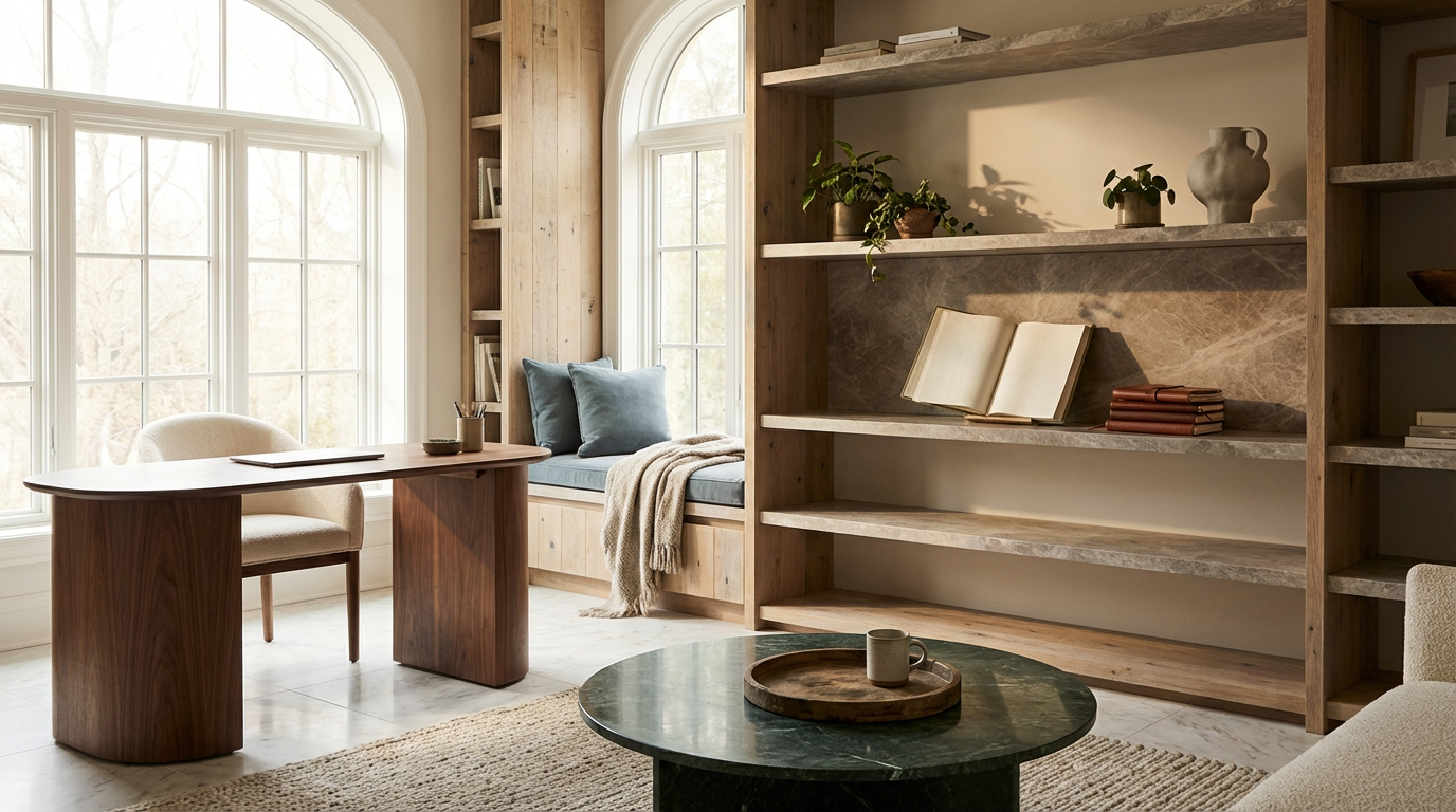 A cozy home office with large windows, a wooden desk with a book, a curved chair, a built-in window seat with pillows and a blanket, a marble bookshelf with decorative objects and books, and a round coffee table with a tray and mug.