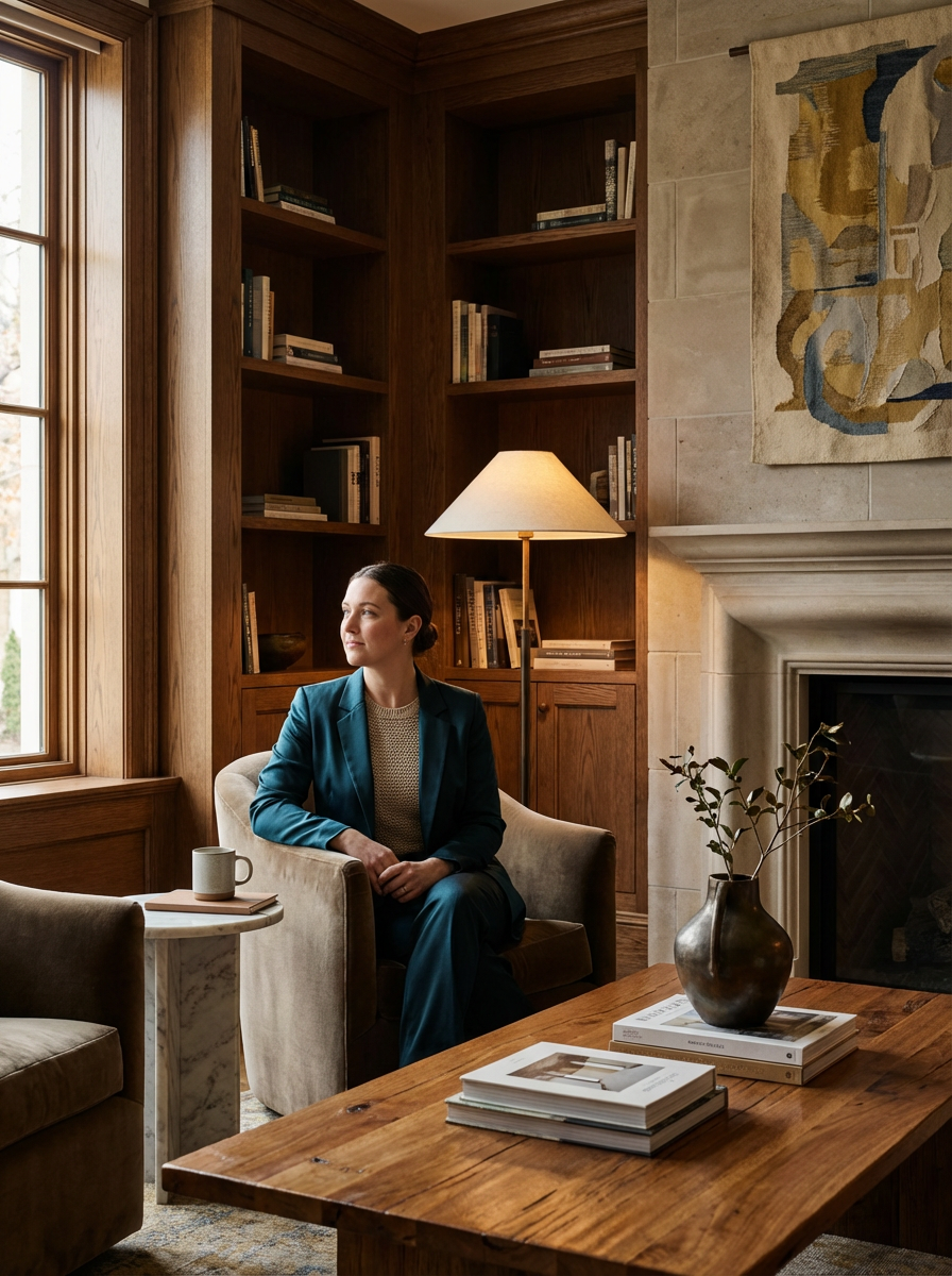 A woman in a teal blazer sits in a beige armchair near a window in a cozy living room with wooden walls, a built-in bookshelf, a fireplace, a floor lamp, and a wooden coffee table with magazines and a vase with branches.