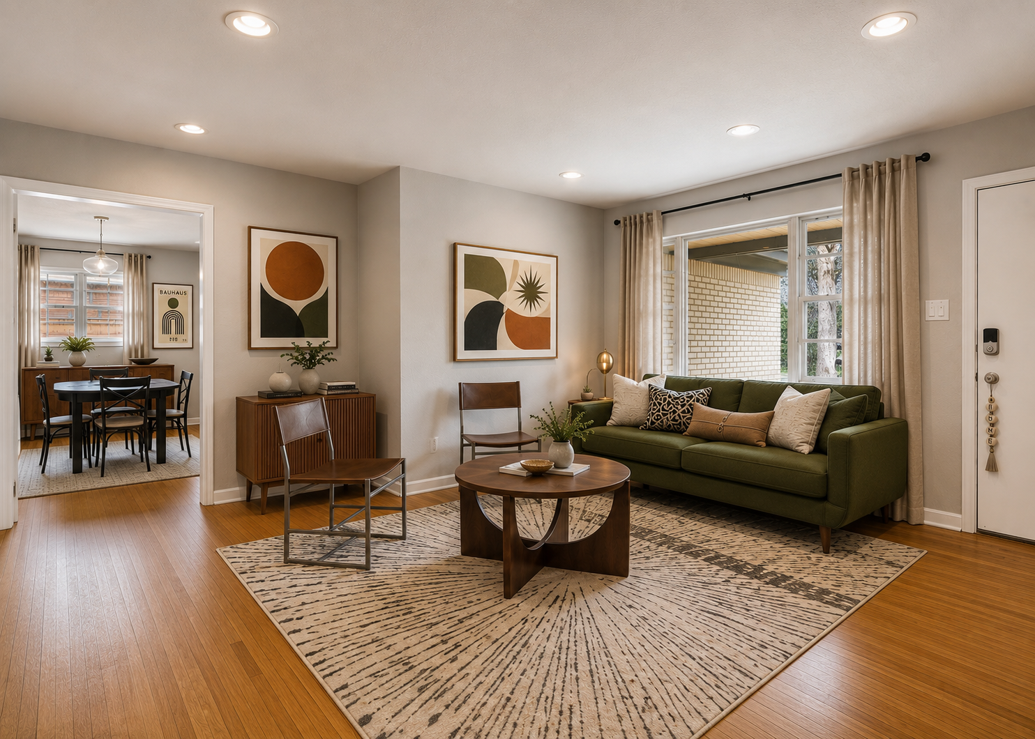 Living room with a green sofa, wooden coffee table, and abstract art on the wall. A window with curtains shows an outdoor brick wall. An adjacent dining area has a round table and chairs, with natural light and potted plants.