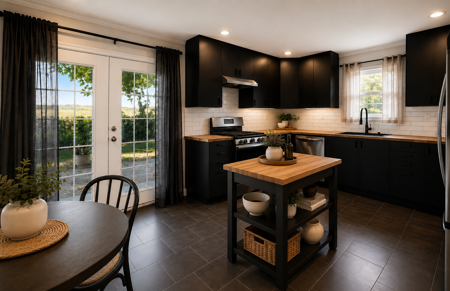 Modern kitchen with black cabinets, white subway tile backsplash, stainless steel appliances, wooden countertops, a small island, and sliding glass doors leading outside, with natural light and greenery visible through the windows.