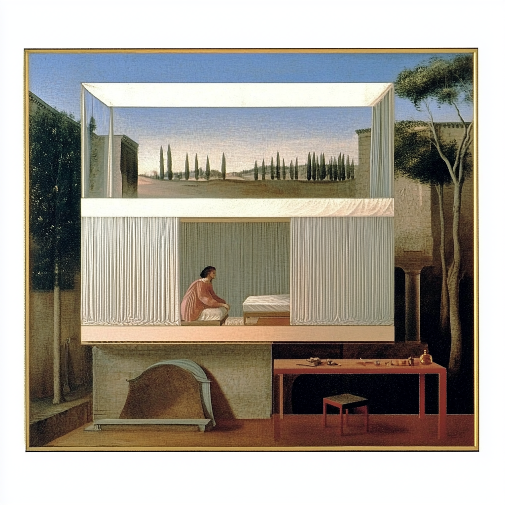 Un quadro con una scena moderna di una donna seduta in un interno con tendaggi e riquardi che mostrano un paesaggio con alberi e cielo sopra un edificio.