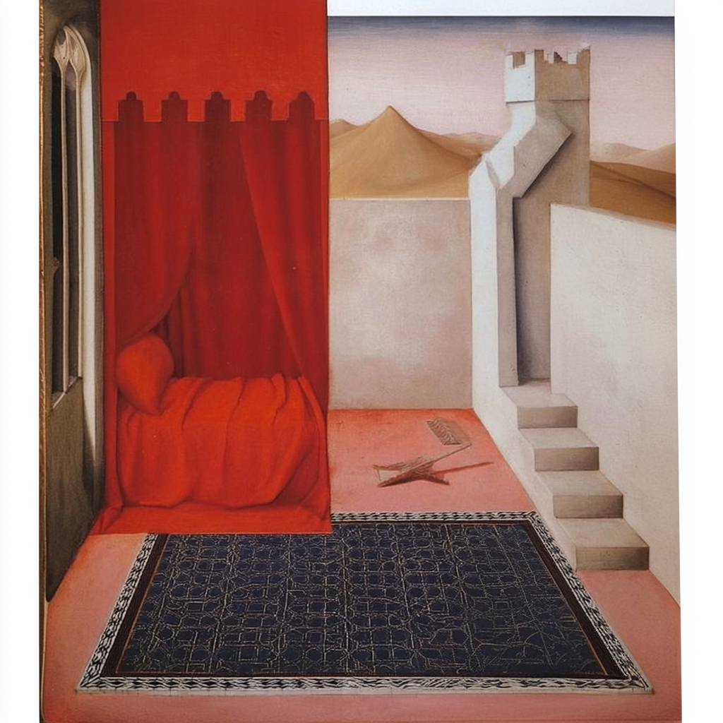 Dipinto di una stanza con tappeto nero, pareti bianche, una scala e un drappo rosso con tende. Sul pavimento, un cucchiao di legno e un oggetto simile a una spazzola.