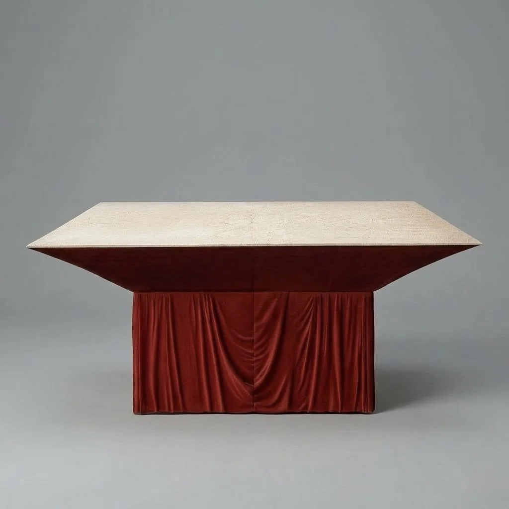Tavolo con base rivestita in velluto rosso e piano in legno chiaro, fondo grigio