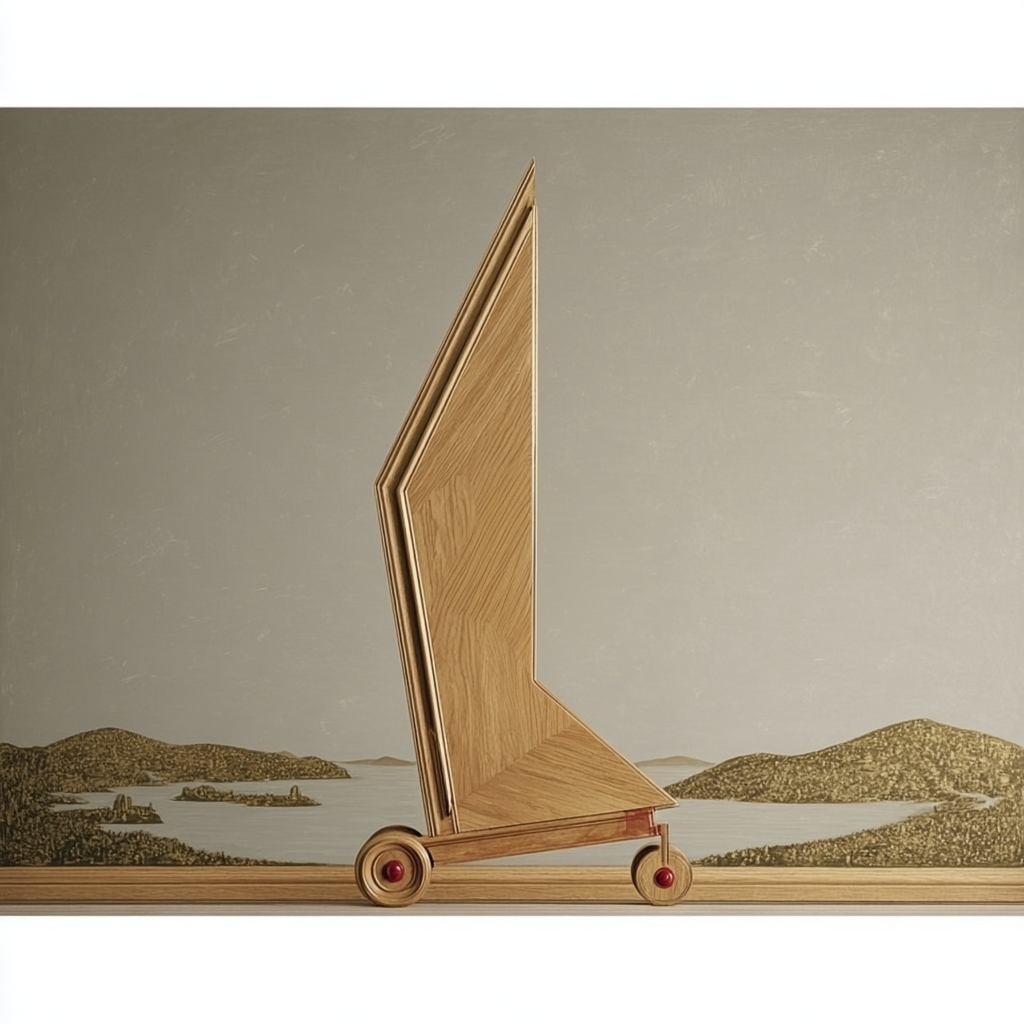 Un modellino di un carro a vela di legno con ruote, posizionato su una superficie orizzontale, con uno sfondo di un paesaggio lacustre con colline e isole.