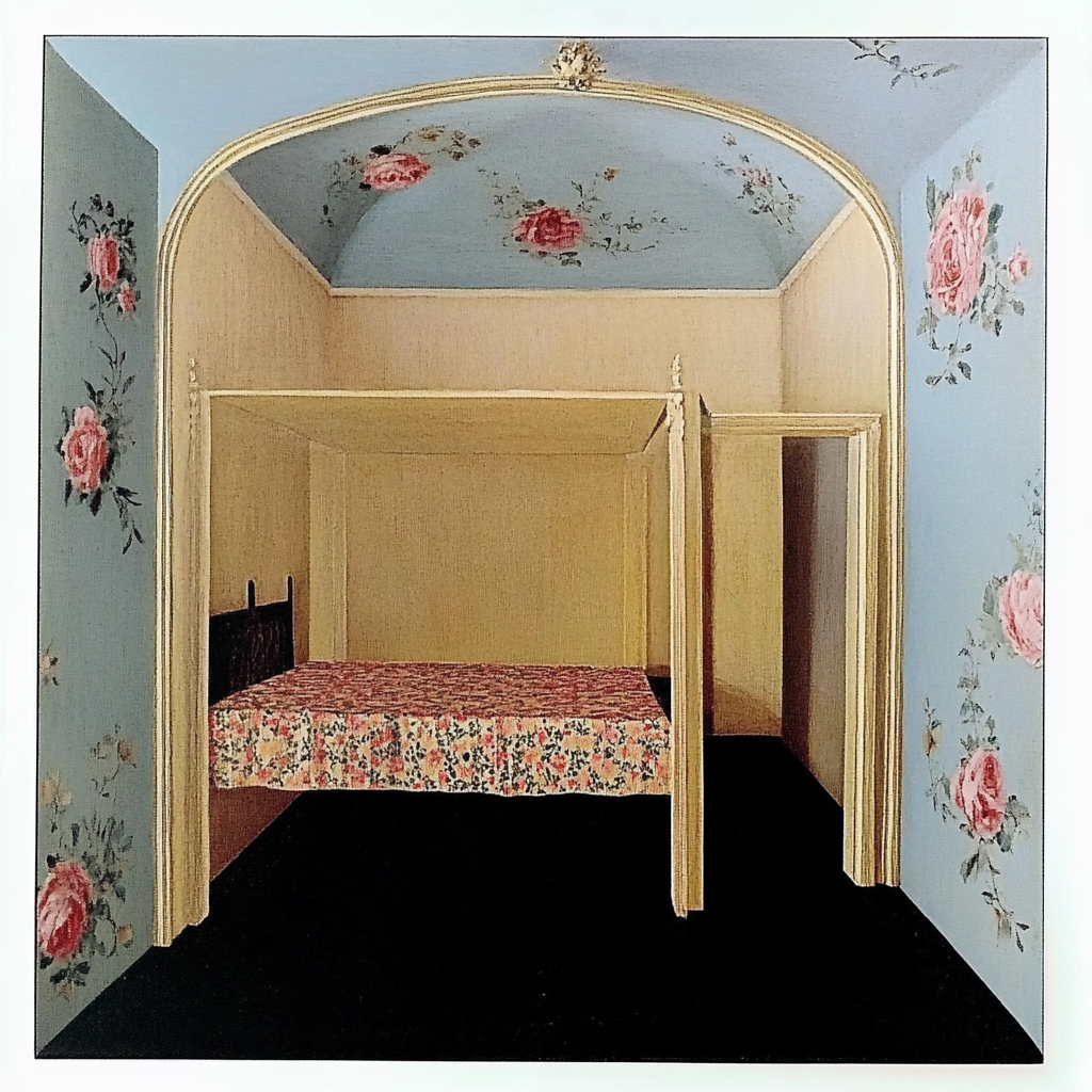 Camera da letto con pareti decorate con motivi di rose, letto a baldacchino con un motivo floreale, soffitto dipinto con rose e angoli arcuati