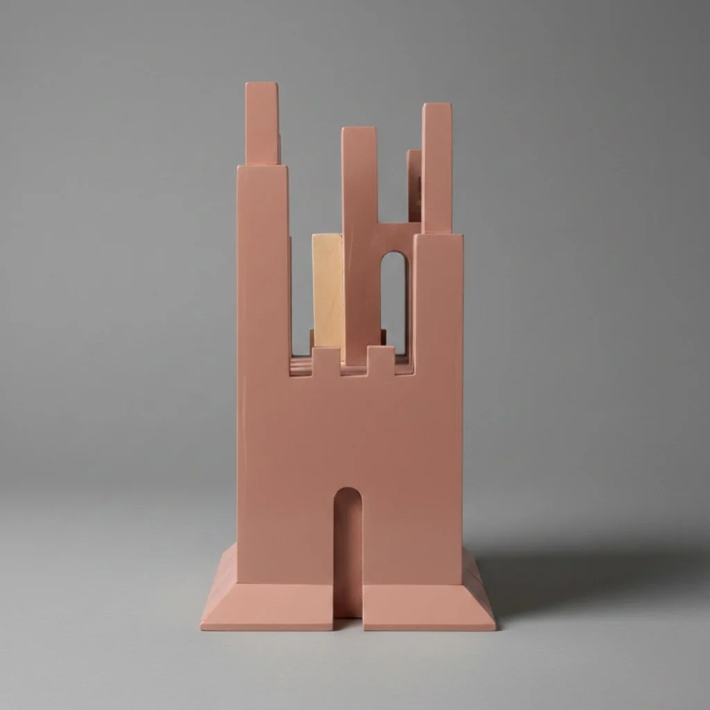 Struttura di un gioco giocattolo in plastica rosa e beige con forme geometriche