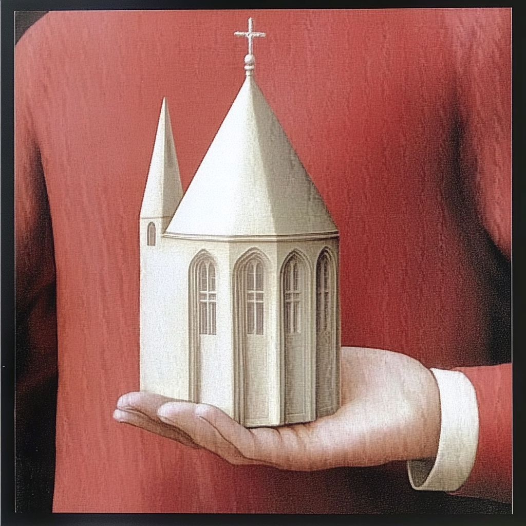 Una persona con una giacca rossa tiene in mano una piccola chiesa bianca in miniatura con un campanile e un'icona in croce sulla sommità del tetto.