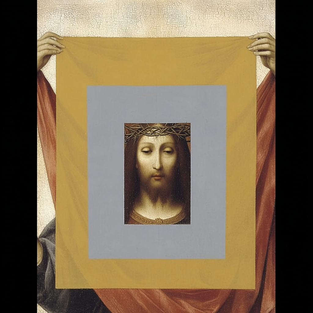 Un'immagine religiosa rappresentante il volto di Gesù Cristo con una corona di spine, circondato da un bordo di colore blu, con persone che tengono un drappo dorato intorno a lui.
