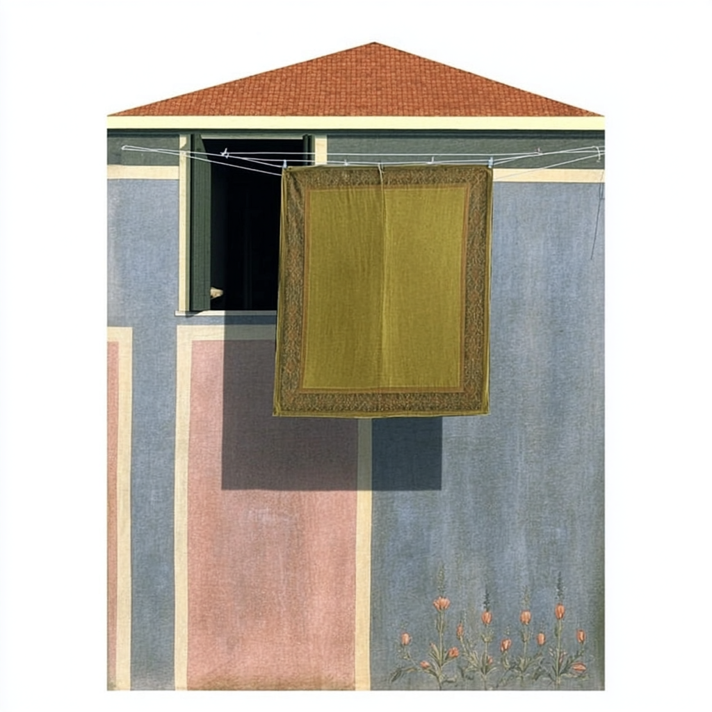 Facciata di un edificio con pareti colorate in blu, rosa e grigio, con una finestra aperta e un asciugamano giallo appeso a una corda per stendere i panni.