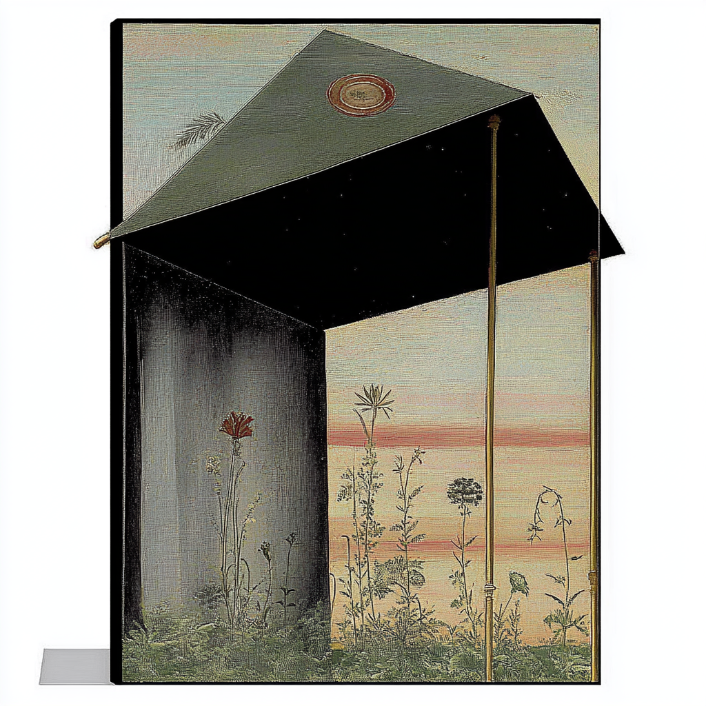 Un collage artistico che combina una pittura di un paesaggio naturale con piante e fiori, e un elemento tridimensionale che assomiglia a un tetto di un edificio con supporti metallici, creando un effetto di fusione tra arte e architettura.