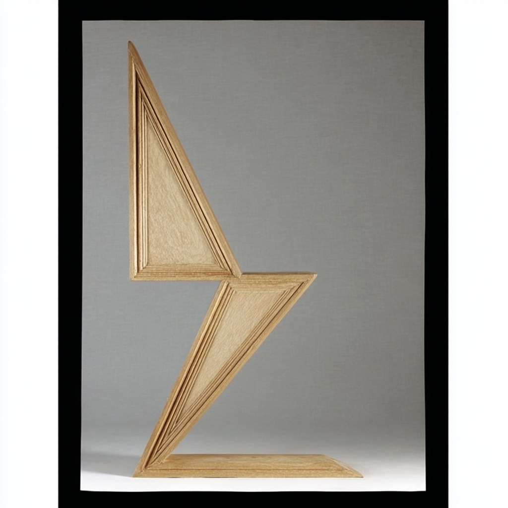 Struttura geometrica in metallo a forma di freccia composta da triangoli sovrapposti in legno con sfondo grigio.