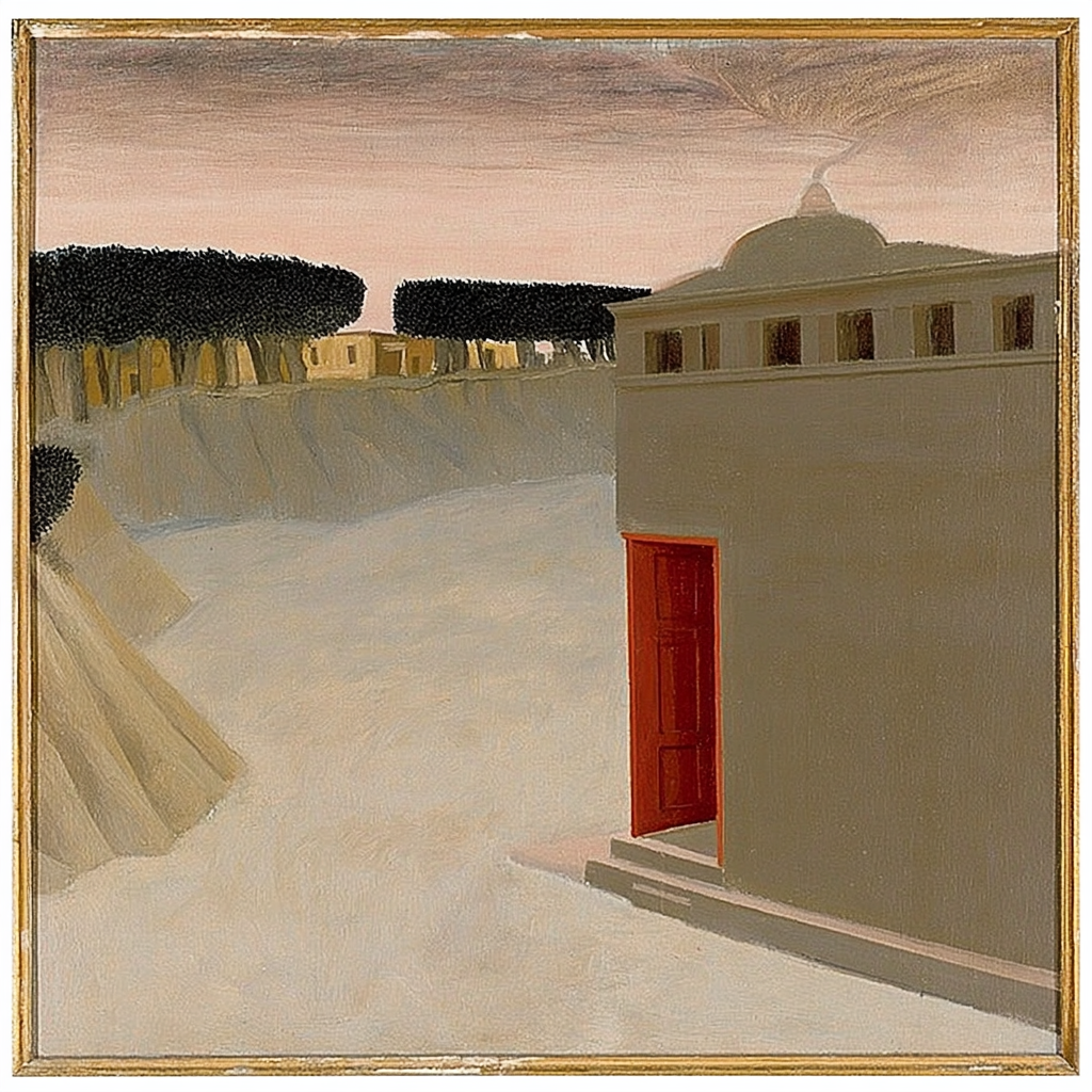 Paesaggio con edificio e alberi in lontananza, cielo al tramonto.