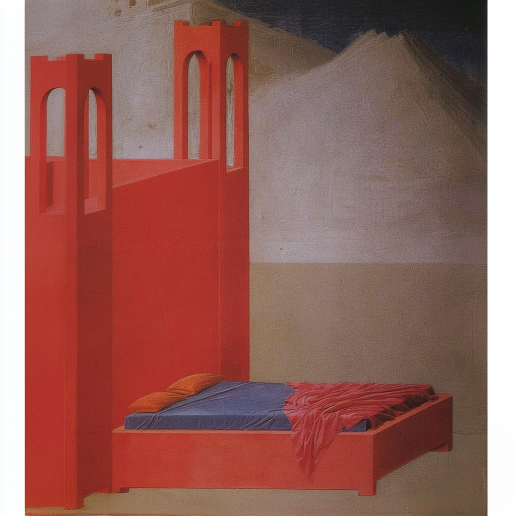 Letto rosso con cuscini arancioni e coperta rossa, situato davanti a una parete rossa con un'altezza superiore e due archi, con uno sfondo di un paesaggio montano dipinto con colori caldi.