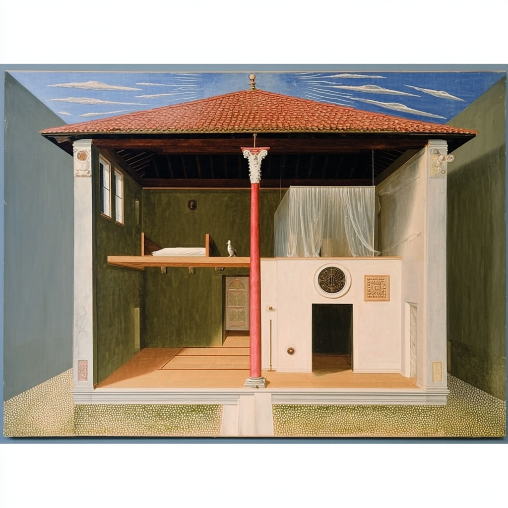 Sezione di un affresco con interno di una stanza, con un letto sopraelevato, un drappo di stoffa e elementi decorativi.