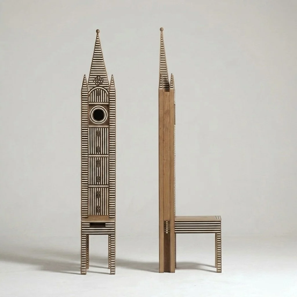 Due modelli di strutture in legno con forme ispirate a una torre e una panchina, decorate con linee nere e naturali.