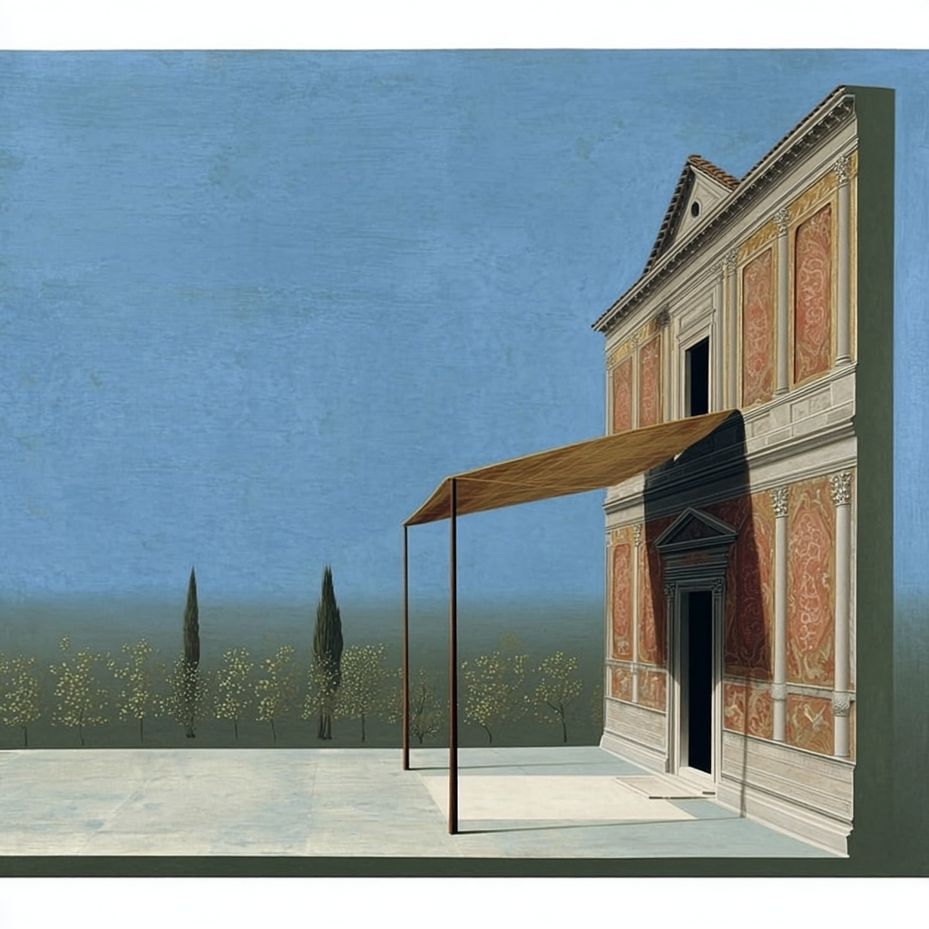 Edificio storico con facciata decorata e un'ombra proiettata sull'ingresso, sotto un'ampia tettoia, con un paesaggio di alberi e cielo chiaro sullo sfondo.