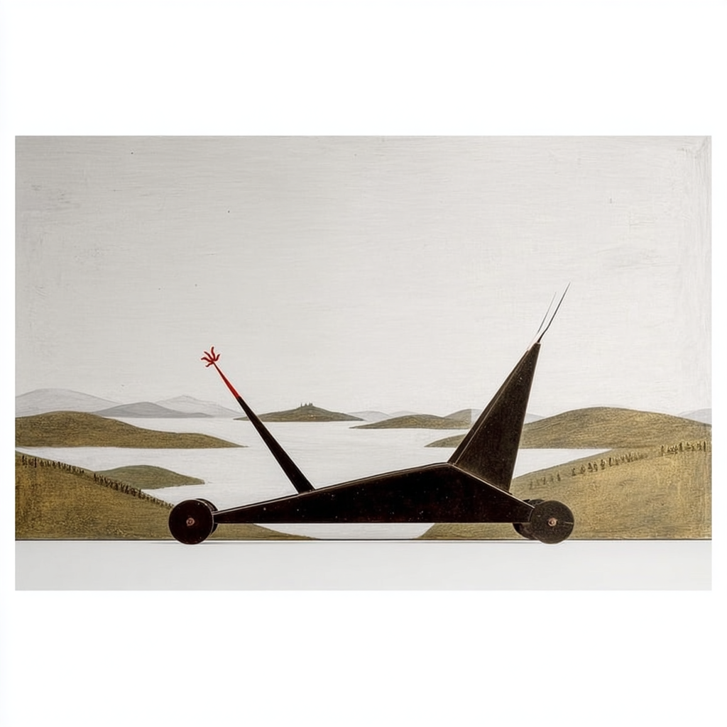 Un quadro con un mulino a vento stilizzato, con il muso rivolto verso sinistra, sovrapposto a un paesaggio di laghi e colline.