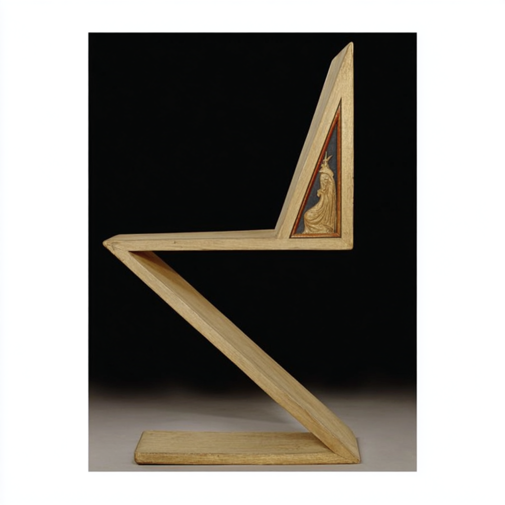 Scultura moderna in legno a forma di stella con un'illustrazione religiosa dorata in alto a destra.