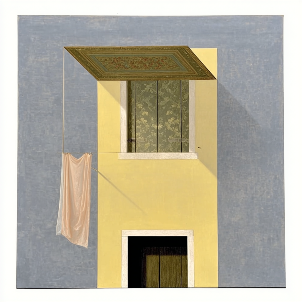 Facciata colorata di una casa con una finestra e una porta, oltre a un asciugamano appeso a una corda d'aria.
