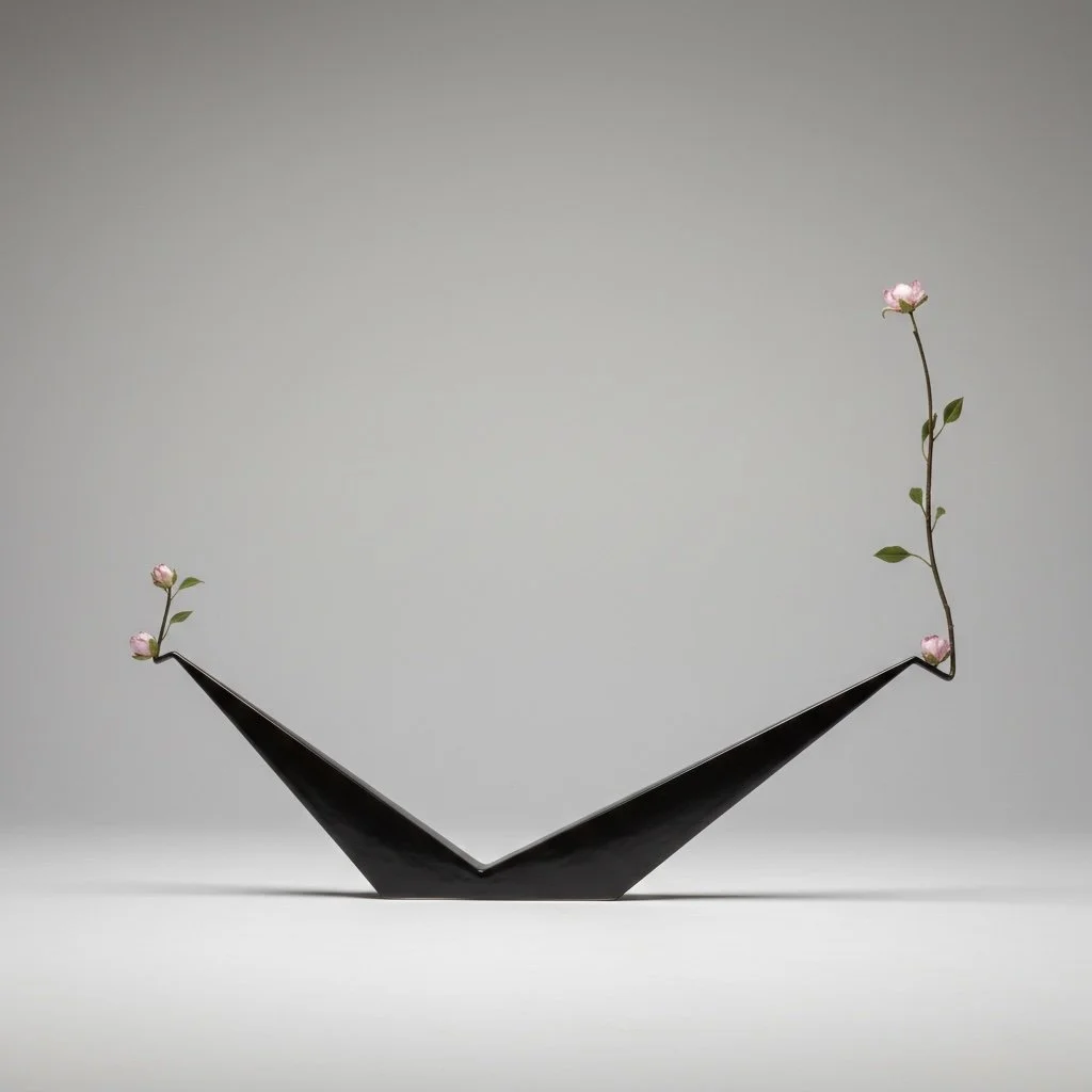 Una bilancia moderna con due fiori rosa con foglie ai lati, su uno sfondo grigio.