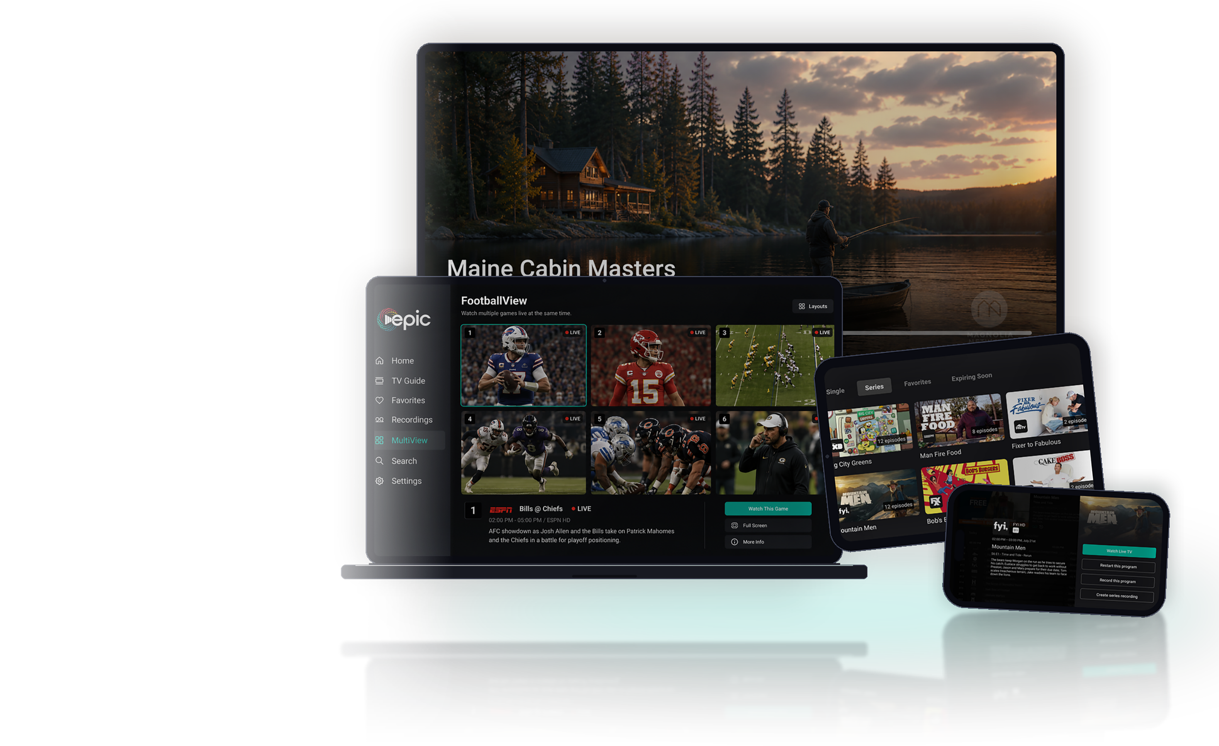 Multiple electronic devices displaying streaming content and sports programming, including a laptop showing football games, a tablet showing TV series and shows, and a smartphone with additional streaming options.