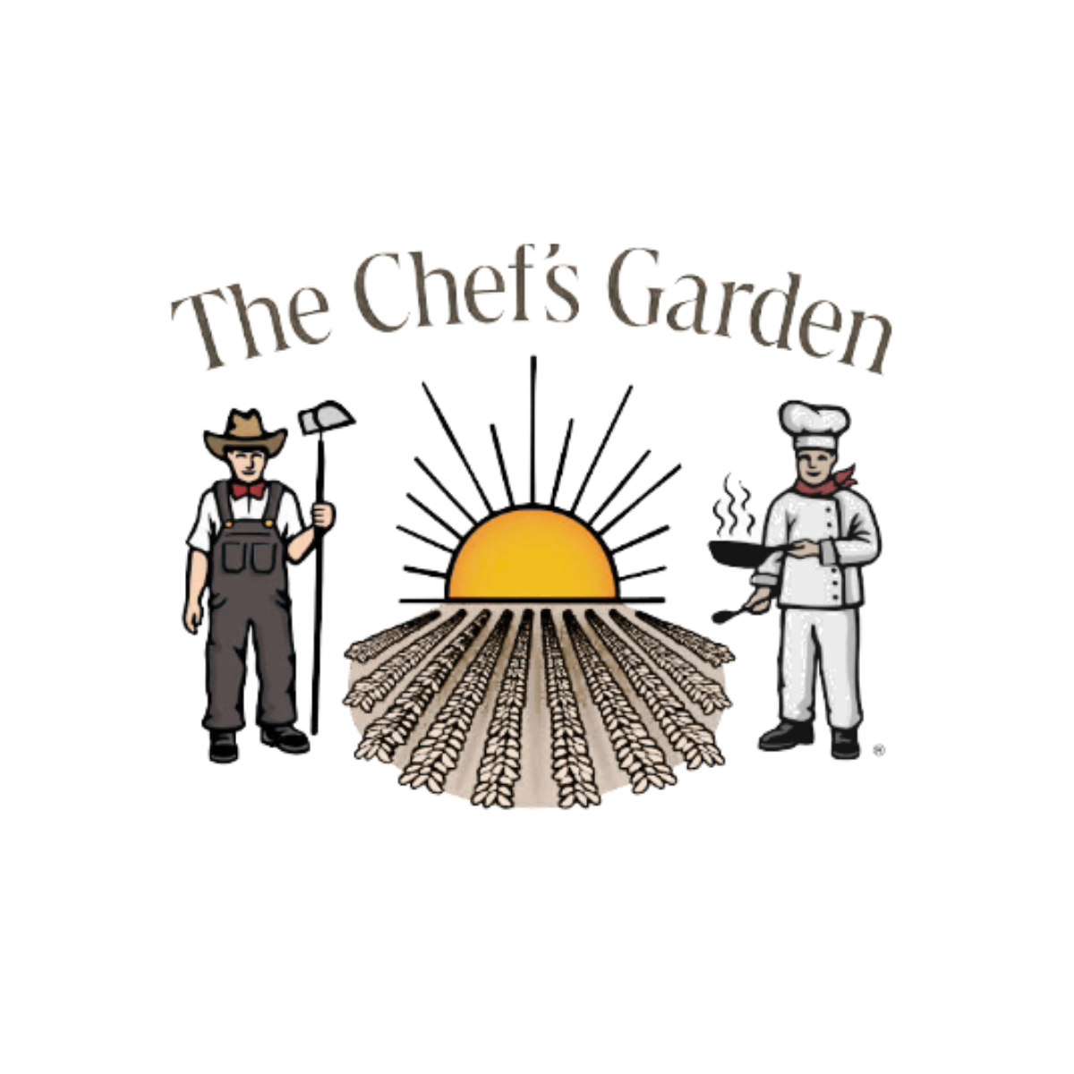Logo for The Chef's Garden featuring a sun rising over fields of wheat with a chef holding a pan and a farmer holding a hoe