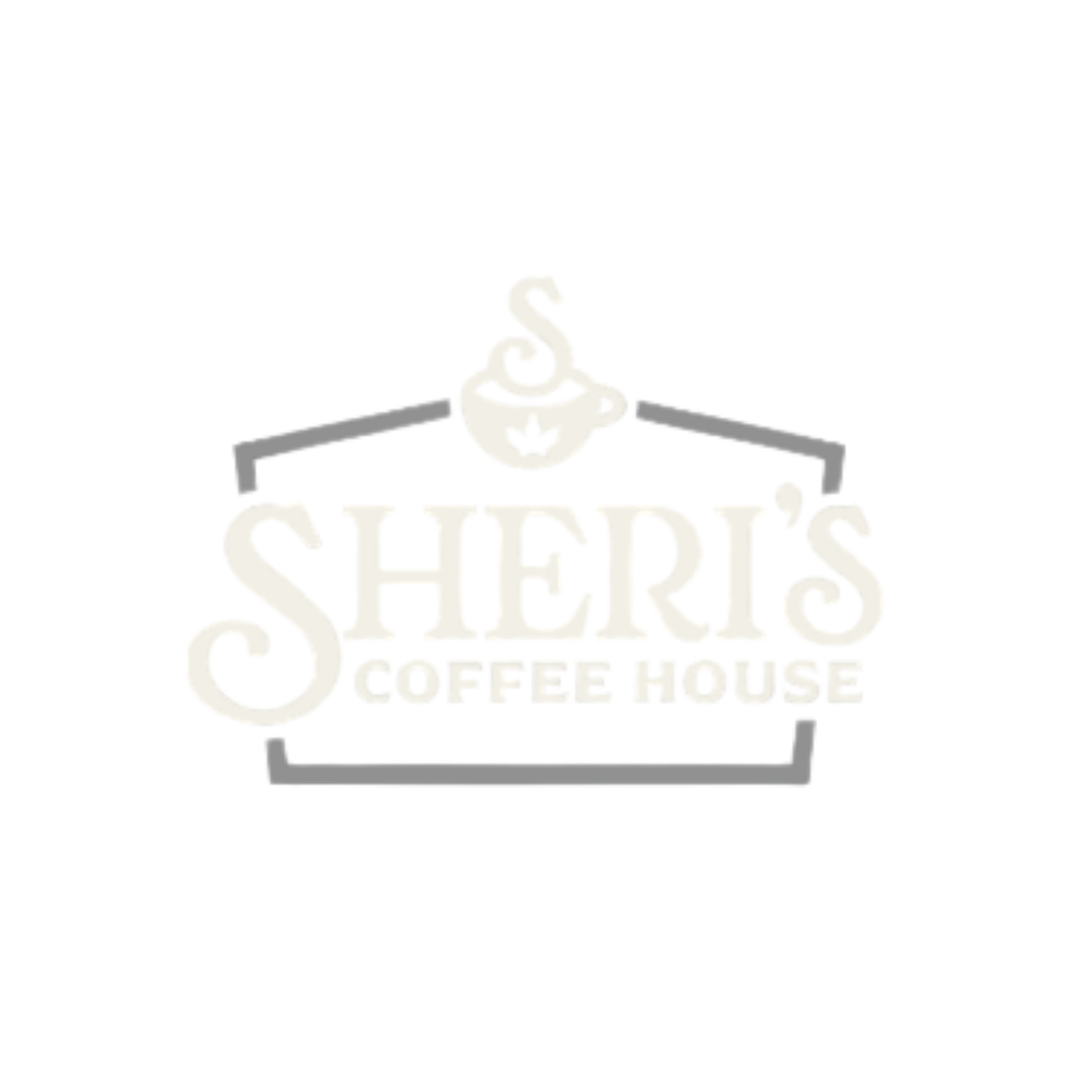 Sheri's Coffee House House sign with a hot cup of coffee illustration above the text.