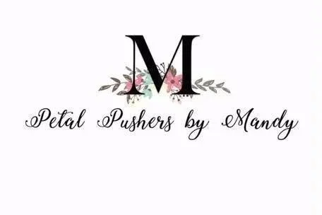 Logo with large black letter 'M,' pink roses, green leaves, and the text 'Petal Pushers by Mandy' in cursive.