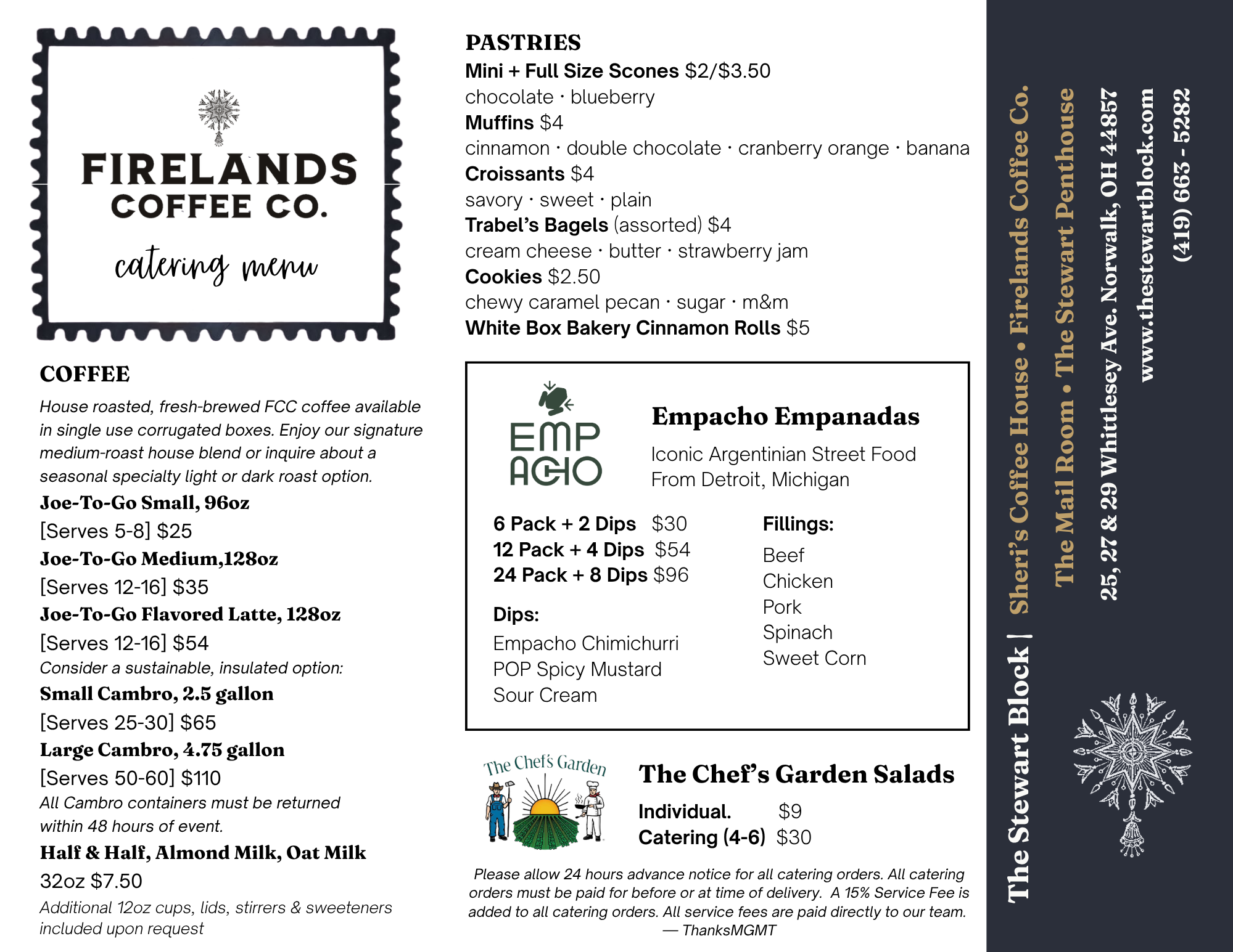 A catering menu from Firelands Coffee Co. featuring pastry options like mini and full size scones, muffins, croissants, bagels, cookies, and cinnamon rolls, along with house-made salads and empanadas.
