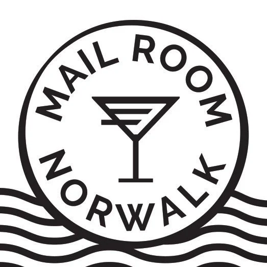 Logo for Mail Room in Norway featuring a martini glass with three lines inside, encircled by the text 'Mail Room Norway' with stylized waves underneath.