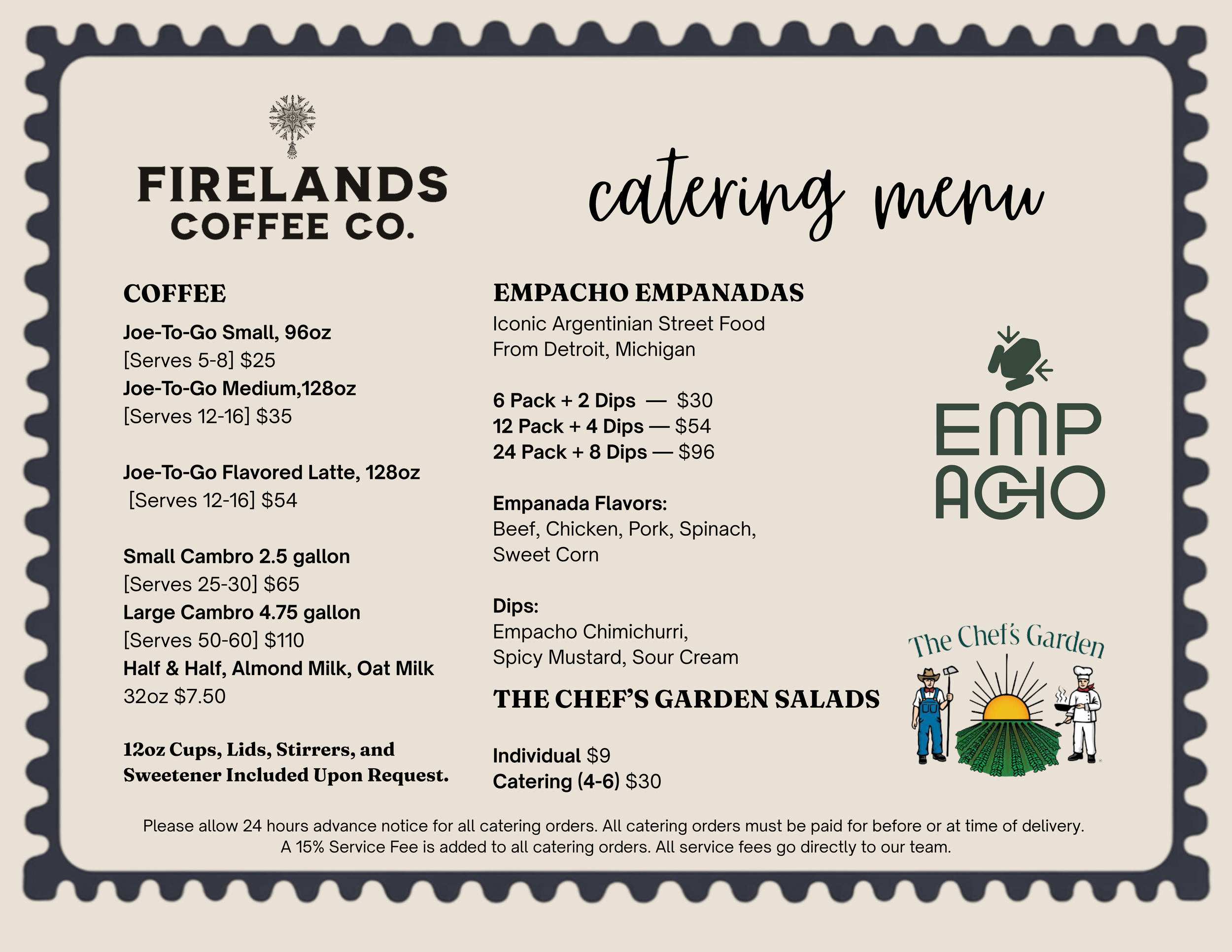 A menu for Firelands Coffee Co. featuring coffee and empanada catering options, with illustrations of two chefs and a farm field with a sunrise.