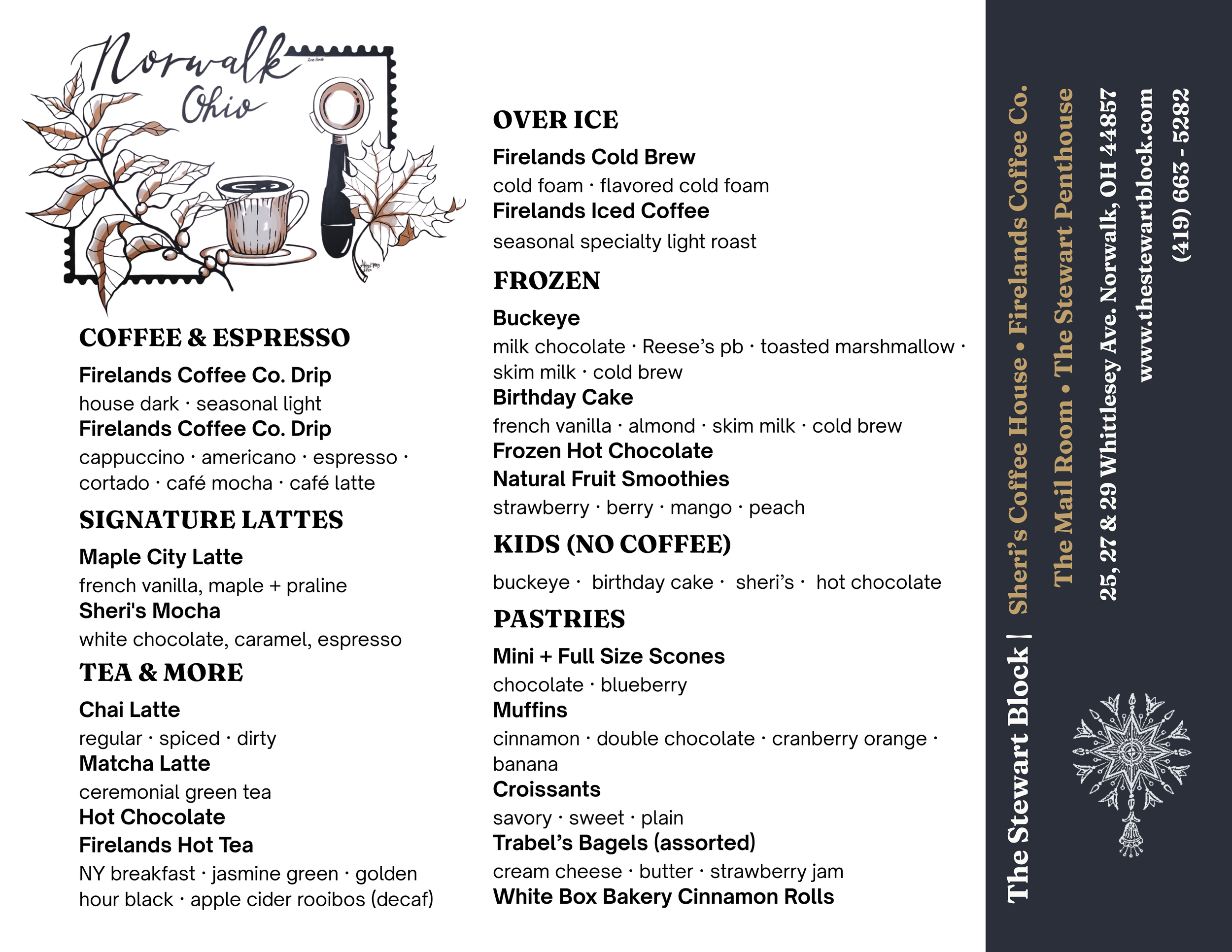 Restaurant menu featuring coffee and espresso, frozen drinks, pastries, and more, with a decorative winter-themed illustration of leaves, branches, and a coffee mug.