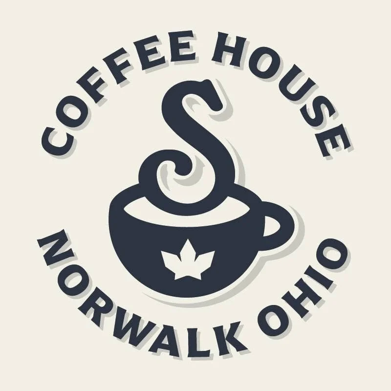 Logo for Coffee House Norwalk Ohio featuring a coffee cup with a steaming coffee cup icon and the words "Coffee House" above and "Norwalk Ohio" below.