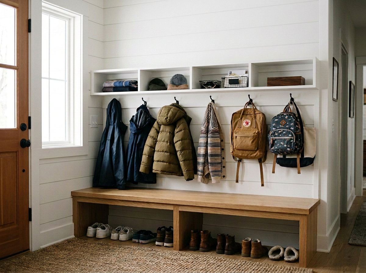 A tidy, well-organized entryway with coat hooks holding jackets, backpacks, and handbags, a wooden bench for seating, and shoes stored underneath. Open shelves above hold hats, boxes, and other small items