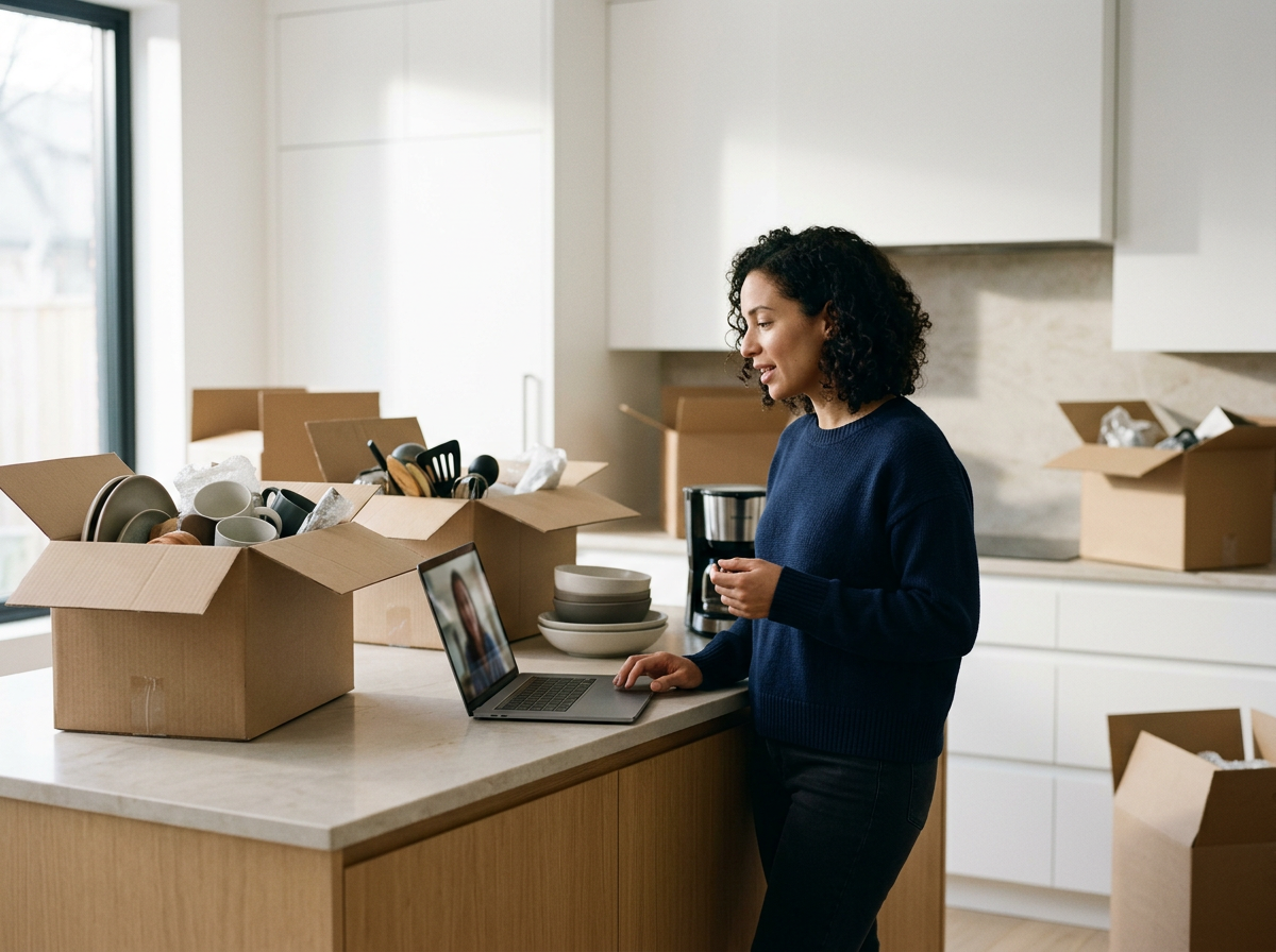 A woman standing in a kitchen looking at a laptop with an open video session, with several boxes of kitchenware around her
