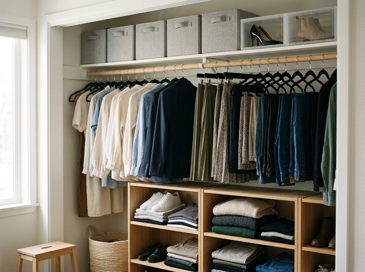 Open bedroom closet clothes hanging on matching hangers, tidy folded shirts and pants and woven baskets on the top shelf.