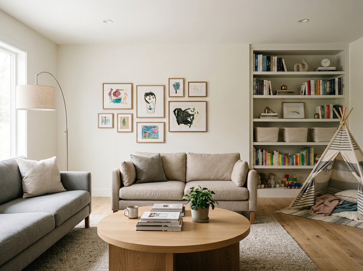 An image of an organized family room with toys and books and baskets neatly arranged on a book shelf.
