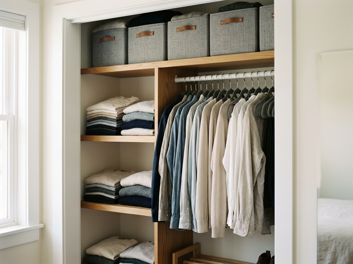 A tidy, well-organized open closet with neatly arranged folded clothes on shelves and hanging shirts on a rod.