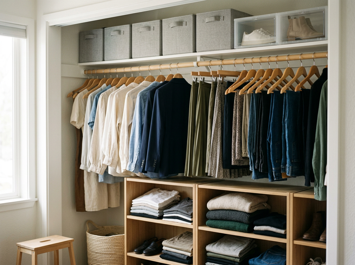 An organized bedroom closet with clothing hung on matching hangers, shirts and pants neatly folded and fabric baskets on the top shelf.