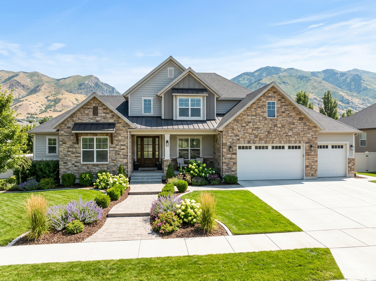 Modern two-story house with stone and siding exterior, front yard with landscaped garden, sidewalk, and mountains in the background.